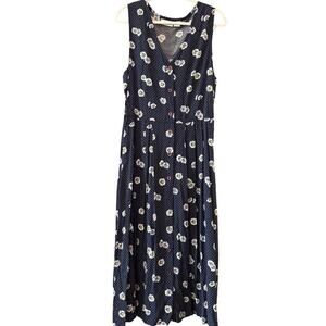 Sweetbriar Navy Blue Daisy Polka Dot Button Front Rayon Maxi Dress Cottagecore M